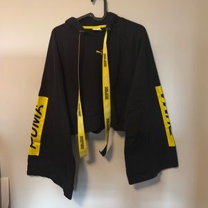 Puma Black/Neon Yellow Wide-Arm Hoodie Cropped Pullover Sweatshirt